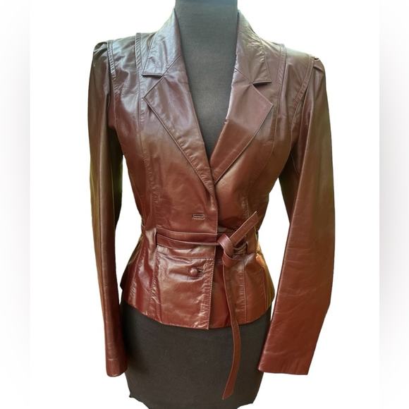 Vtg 70s Burgundy Belted Leather Jacket - Picture 1 of 10